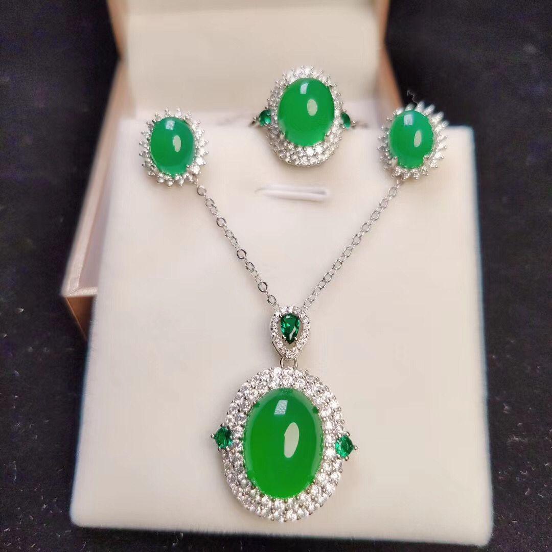 Mất Độ Trung Thực Đá Tự Nhiên Chrysoprase Bộ Ngọc Lục Bảo Mặt Trời Xanh Mặt Dây Chuyền Nhẫn Bông Tai Bộ Ba