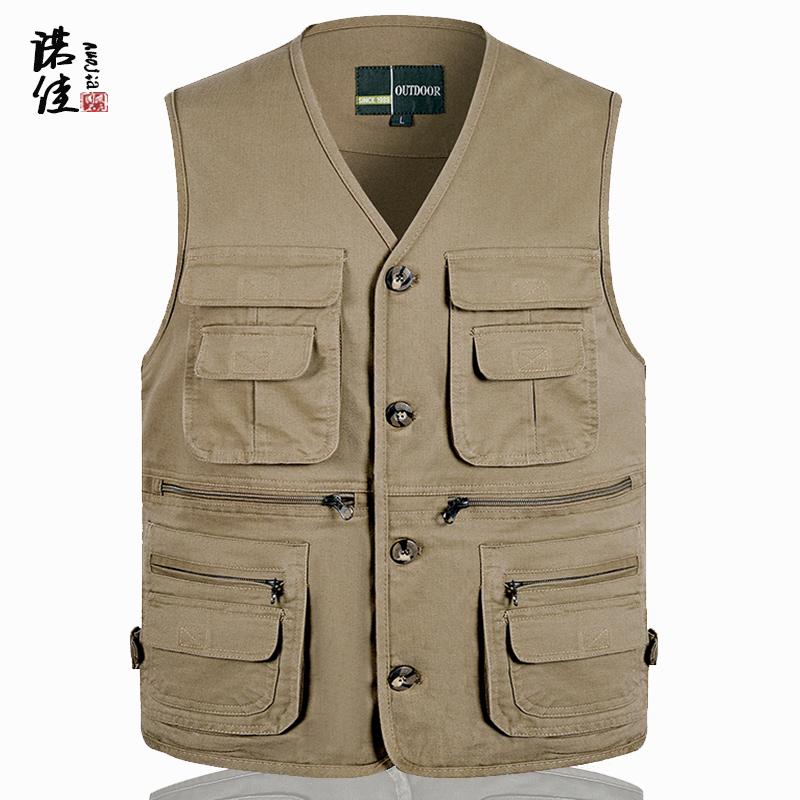 Áo vest của bố, áo ghi lê cotton thuần xuân thu, quần áo bảo hộ lao động nhiều túi cho nam giới trung niên và cao tuổi, áo vest thường ngày, áo vest câu cá ngoài trời