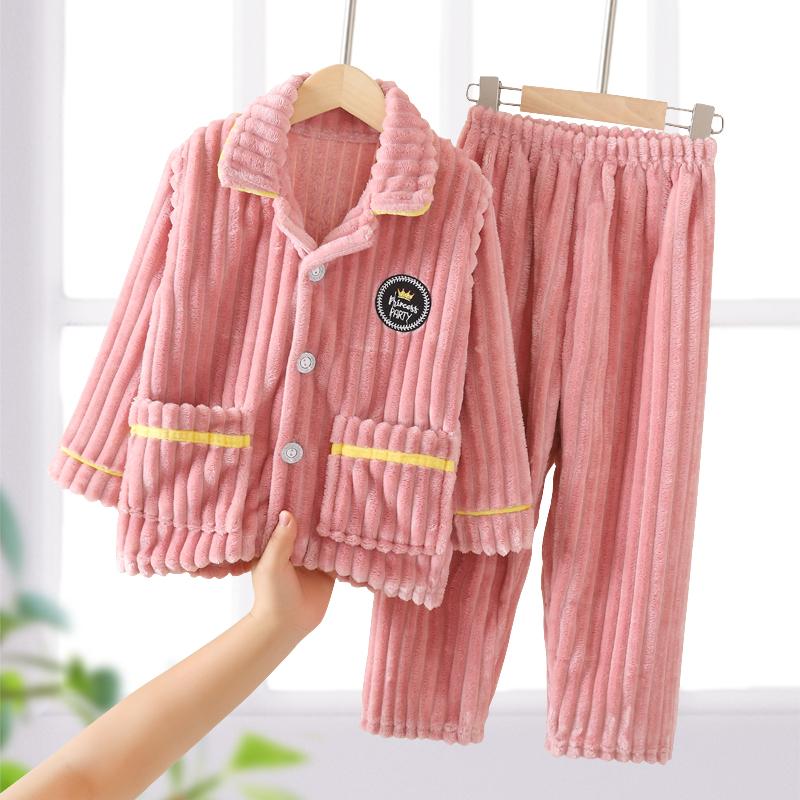 Bộ đồ ngủ vải flannel trẻ em mùa thu đông nhung dày bé trai và bé gái bộ đồ bé trai và bé gái lông cừu san hô mới