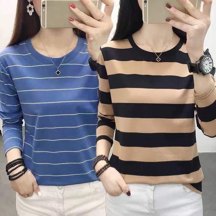 Áo thun nữ dài tay mùa xuân rộng rãi cỡ lớn cotton đáy áo mẹ trung niên che bụng quần áo mùa thu mặc bên ngoài