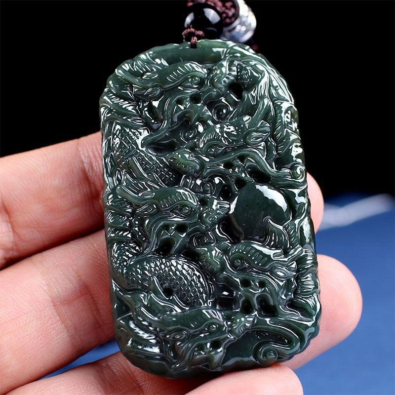 Đấu giá một nhân dân tệ Mặt dây chuyền ngọc bích Hetian Jade Nine Dragons Guardian Jade Thương hiệu Vòng cổ ngọc rồng hoàng đạo Mặt dây chuyền chạm khắc hai mặt Mặt dây chuyền ngọc bích