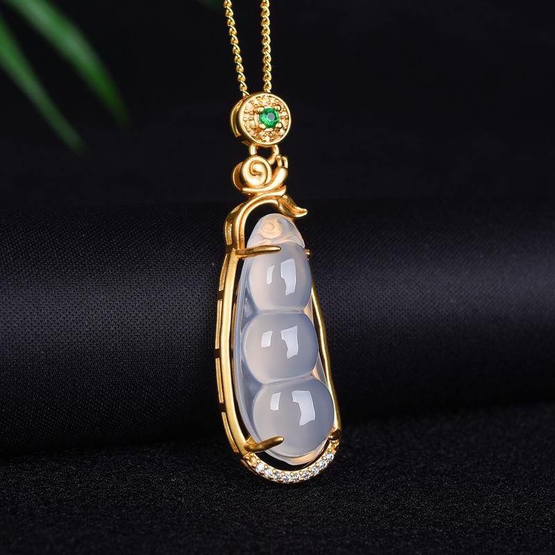 Một nhân dân tệ đấu giá mặt dây chuyền hạt đậu xanh chalcedony trắng bạc 925 phương pháp cổ đại khảm đậu phù hộ mặt dây chuyền ngọc bích nữ mặt dây chuyền ngọc bích để gửi chuỗi