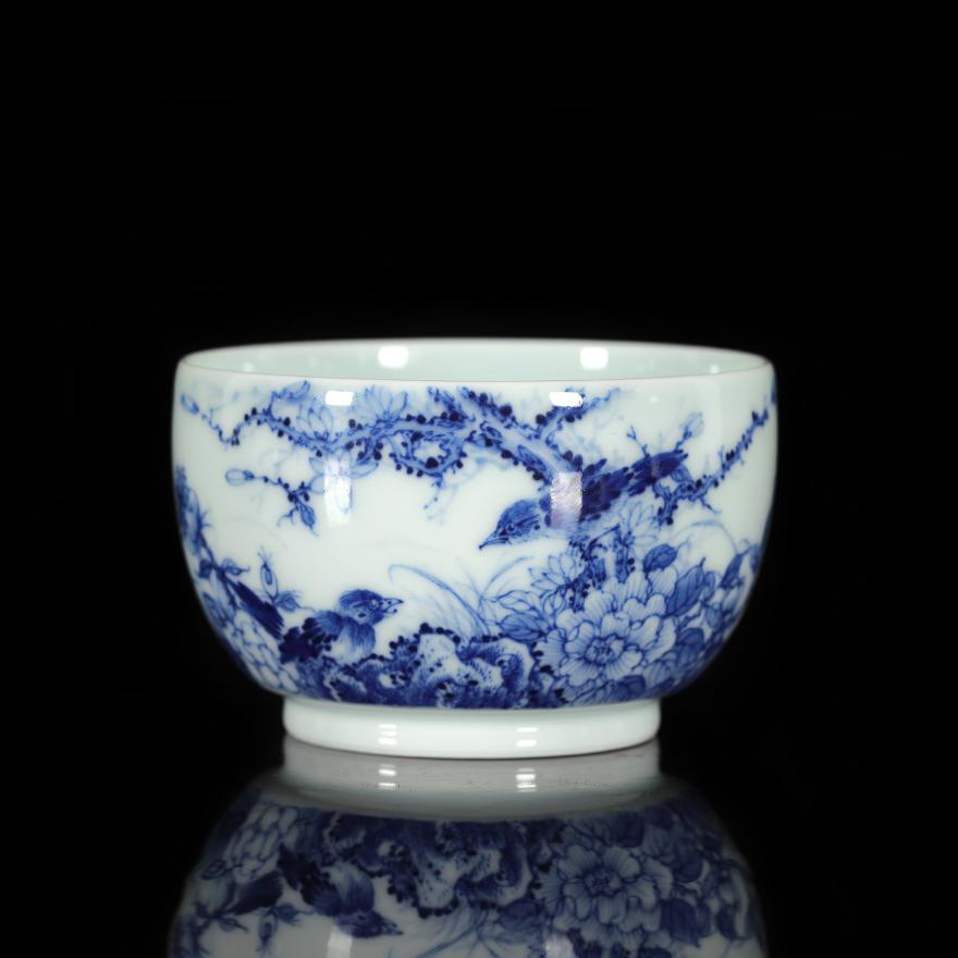 Chụp flash "Whispering in the Wind" Underglaze gốm sứ vẽ tay màu xanh và trắng tách trà Jingdezhen dụng cụ pha trà thủ công tinh khiết