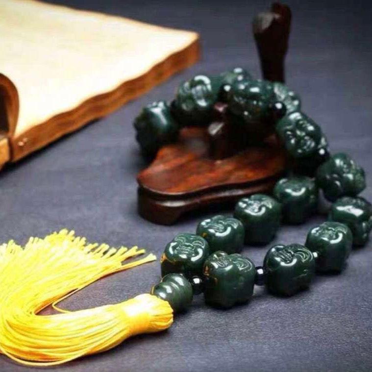 Đấu giá một đô la Tân Cương Hetian Jade Green Jade đàn ông cầm Maitreya cười Buddha Beads, đàn ông và phụ nữ giữ cổ và xe kéo