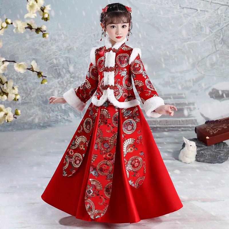 Quần áo mùa đông Hanfu cho bé gái 2022 trẻ em mới dày dặn phong cách Trung Quốc Đường phù hợp với mùa đông Trang phục cổ trang năm mới Lời chúc mừng năm mới quần áo mùa đông