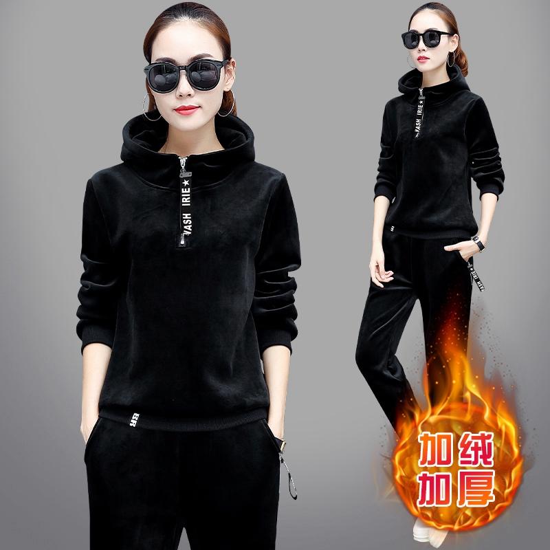 2 Mặt Vàng Nhung Bộ Đồ Thể Thao Nữ Plus Nhung Dày Dặn 2022 Mới Mùa Thu Đông Khoác Hoodie 2 bộ