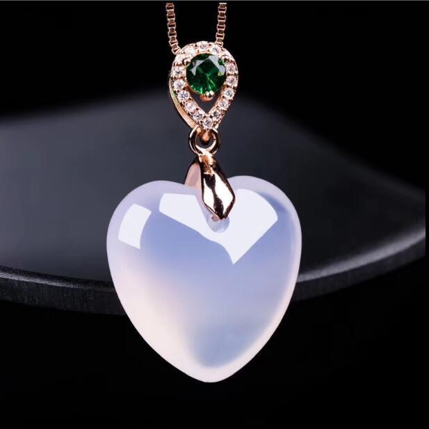 Một nhân dân tệ nhặt đấu giá độ trung thực băng tự nhiên trắng chalcedony hình trái tim mặt dây chuyền tình yêu nữ 925 vòng cổ xương đòn chuỗi