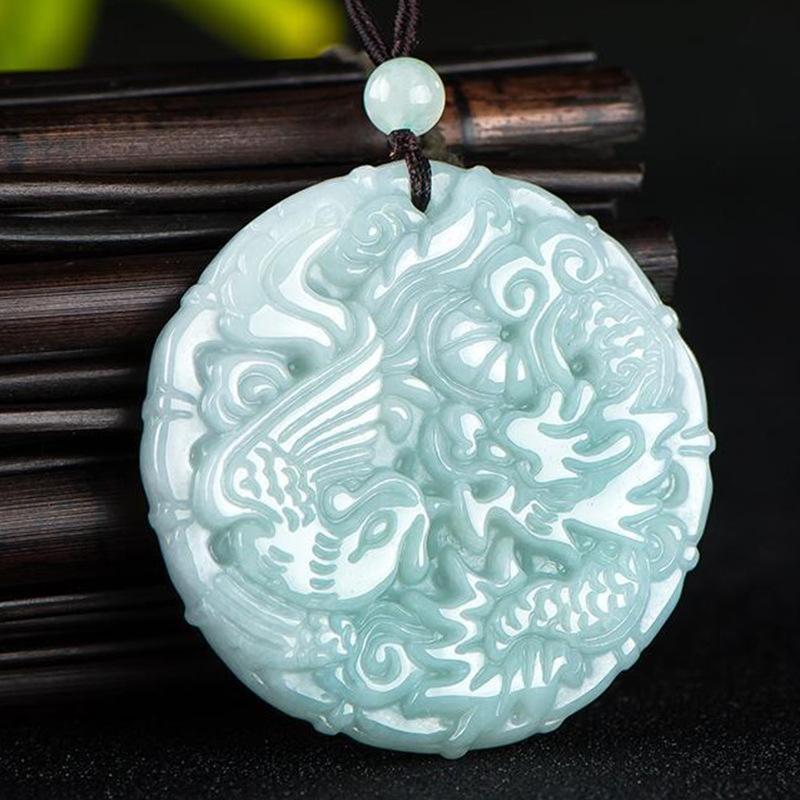 One Yuan Rò rỉ đấu giá Craft Quà tặng trang trí Jadeite Dragon và Phoenix Round Brand mặt dây chuyền Jade Craft Quà tặng Trang trí Emerald Dragon và Phoenix Round Brand mặt dây chuyền