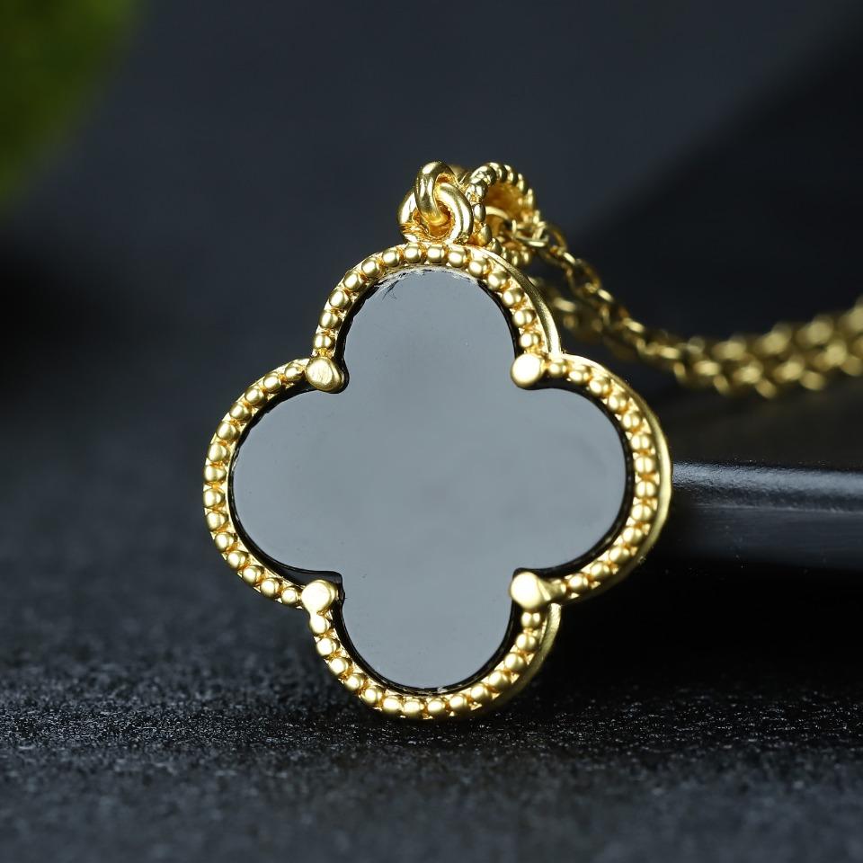 Ali Đấu Giá 18K phương pháp cổ xưa dát vàng cát đen chalcedony cỏ bốn lá may mắn xương đòn dây chuyền mặt dây chuyền màu thắt lưng giấy chứng nhận