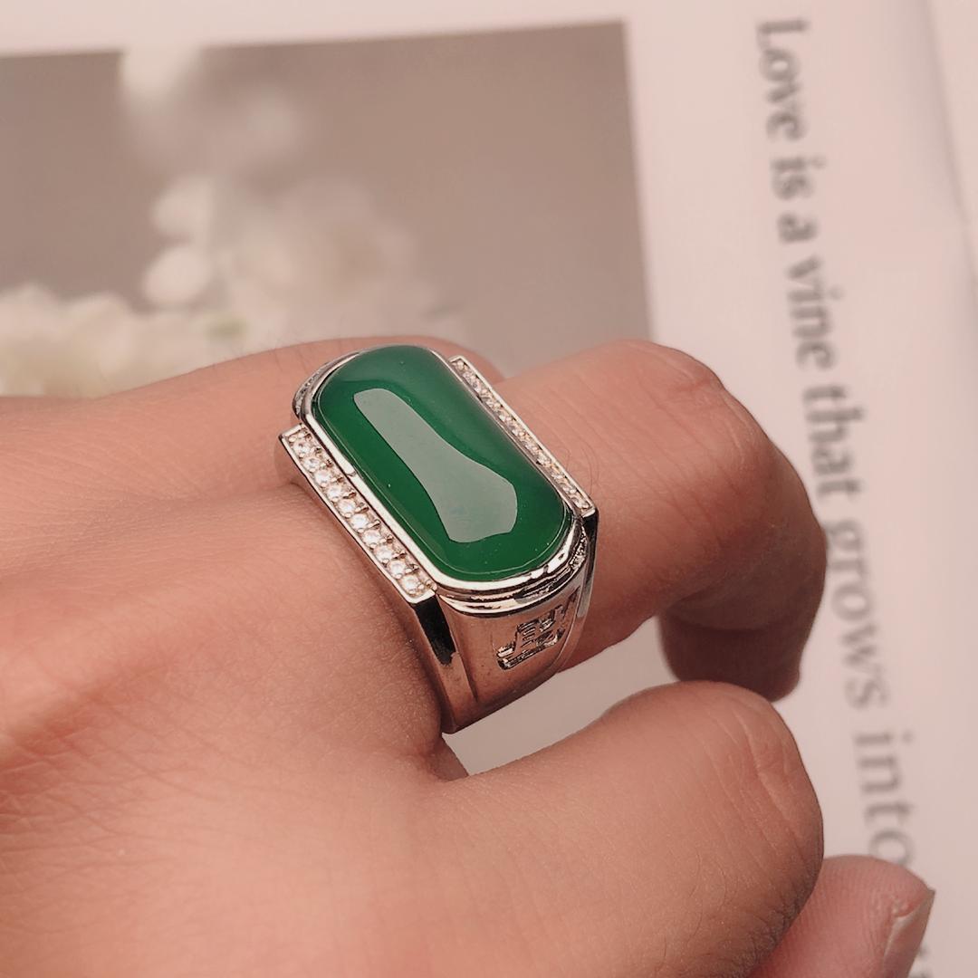 Nhẫn nam cao cấp chrysoprase tự nhiên mở vòng mã não ngọc lục bảo màu ngọc lục bảo khảm bạc S925