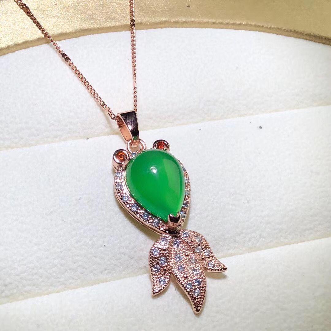 Một nhân dân tệ đấu giá bạc 925 hoa hồng vàng dát đá chrysoprase cá vàng nhỏ mặt dây chuyền vòng cổ ngọc bích mã não mặt dây chuyền