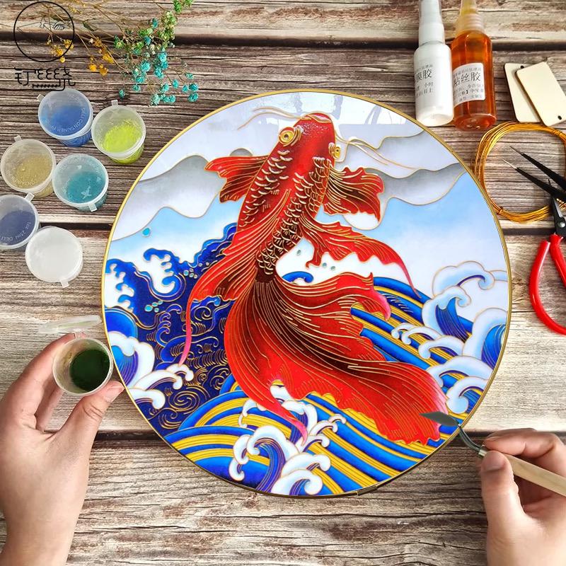 Koi vẽ tay cloisonné cloisonné sơn men vật liệu tự làm gói hoa và chim tranh trang trí đồ trang trí thủ công mỹ nghệ phi di sản