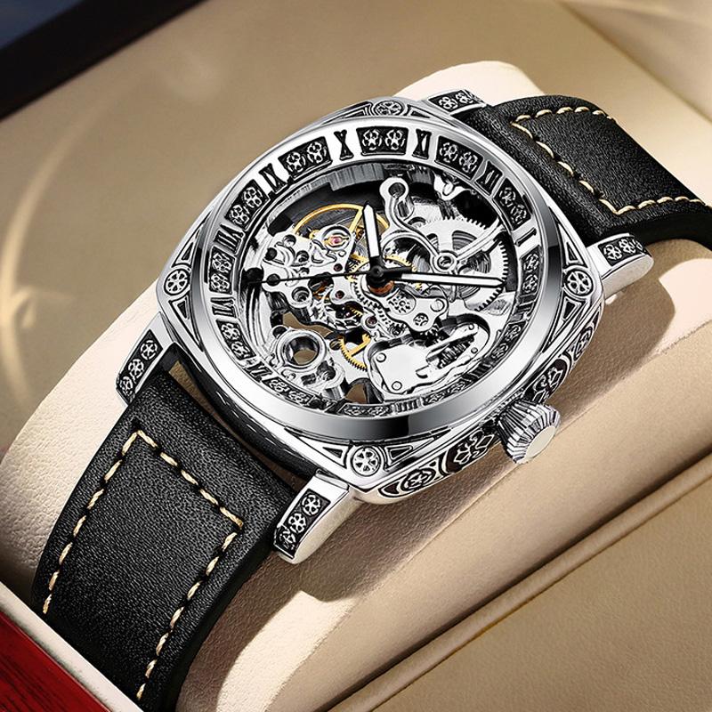 Chạm Khắc Vuông Đồng Hồ Cơ Nam Tourbillon Top 10 Thương Hiệu Tự Động Rỗng Chống Nước Nam Richard