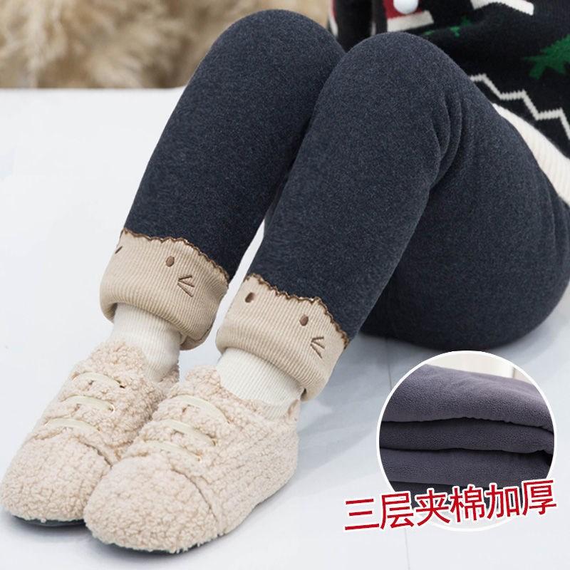 Quần cotton bé gái mùa đông ba lớp nhung dày dặn bên ngoài mặc quần giữ ấm cho trẻ em và trẻ trung niên mùa đông cộng với quần nhung bên trong