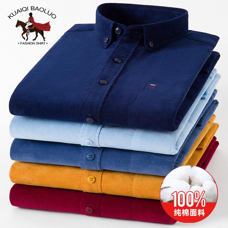 Áo sơ mi vải nhung kẻ polo 100% cotton cho nam dài tay áo sơ mi vải nhung kẻ cỡ trung niên và trẻ trung giản dị hợp thời trang