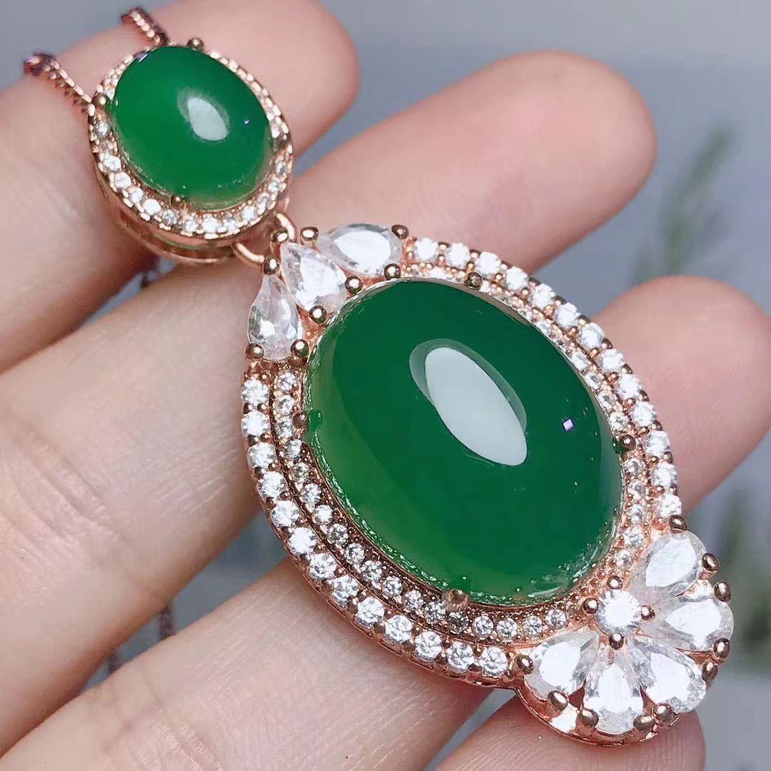 Một Nguyên Đấu Giá Tự Nhiên Vua Băng Mặt Trời Xanh Chrysoprase Bề Mặt Trứng Dát S925 Bạc Thời Trang Nữ Trung Thực Mặt Dây Chuyền Ngọc Bích