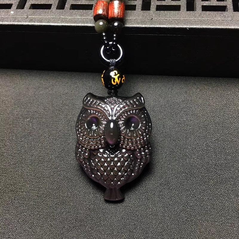 Đấu giá một nhân dân tệ Rò rỉ mắt cầu vồng tự nhiên Obsidian Owl Mặt dây chuyền mặt dây chuyền hoạt hình