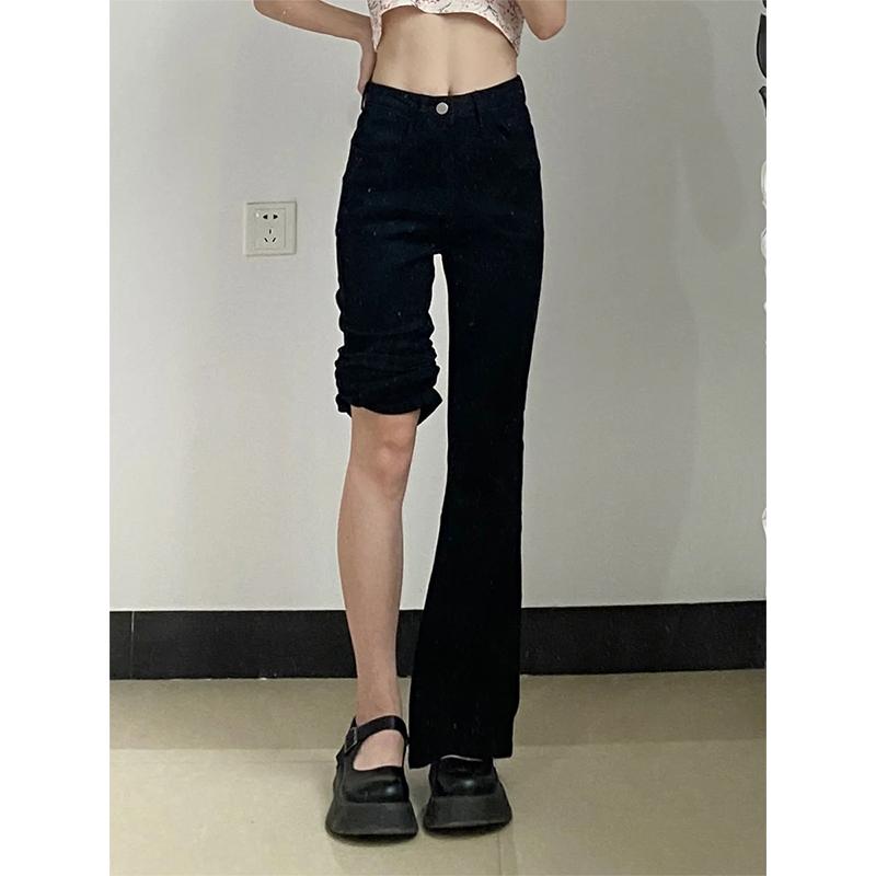 Quần jean bootcut lưng cao màu đen dành cho nữ mùa thu đông cộng với nhung dáng rộng giảm béo cỡ lớn mỡ mm co giãn thẳng quần ống rộng