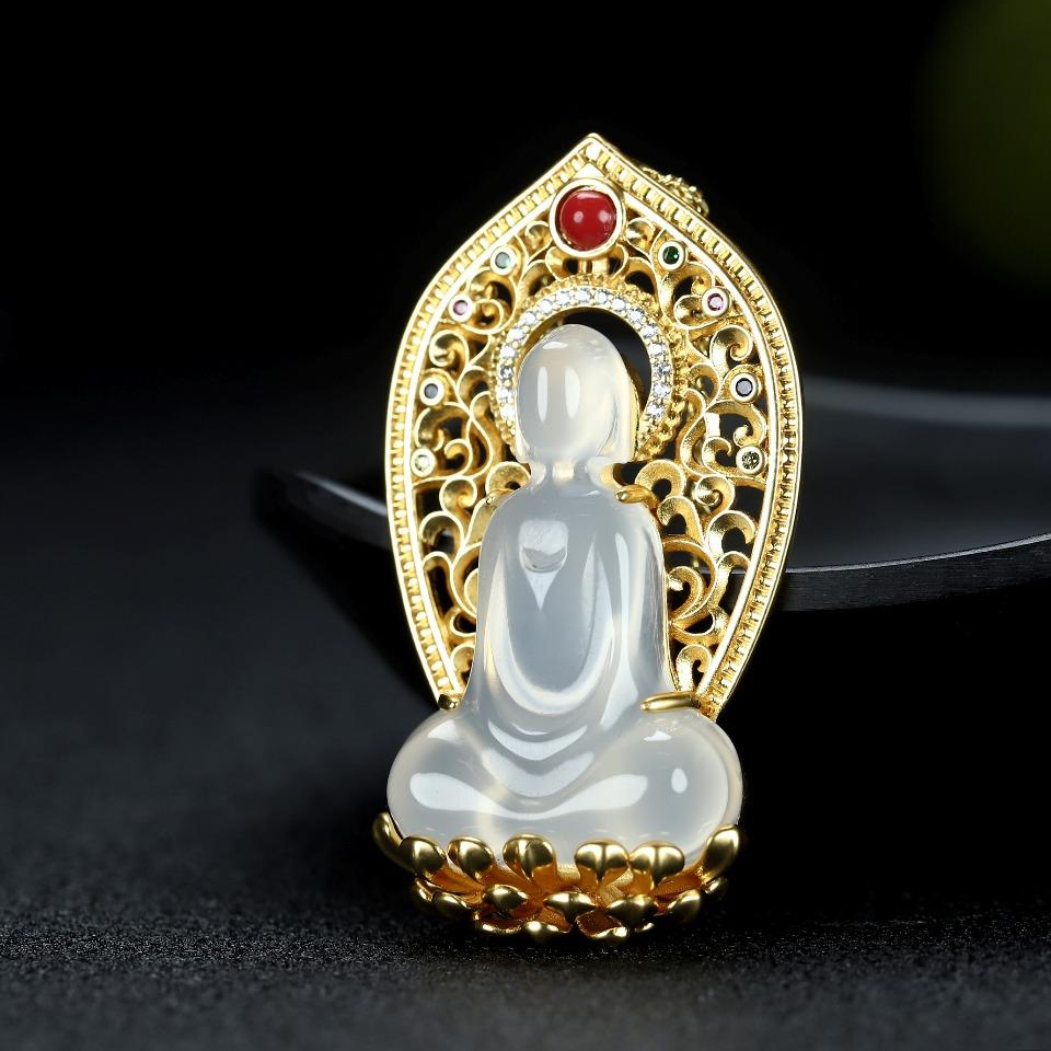 Đấu Giá Ali nhặt S925 phương pháp cổ đại khảm chalcedony sang trọng giác ngộ mặt dây chuyền mặt dây chuyền ngọc bích thời trang vòng cổ xương quai xanh