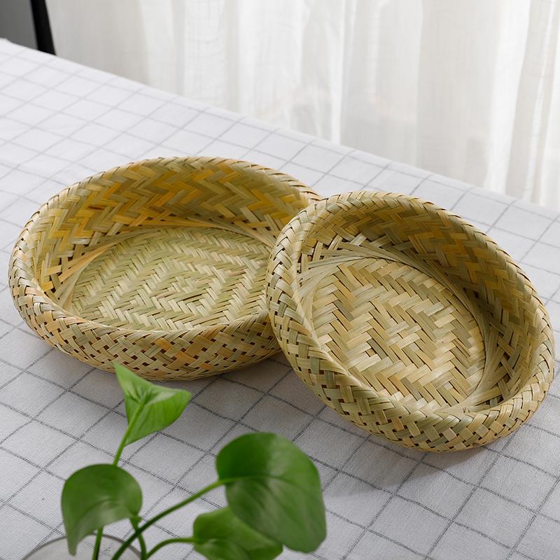 Đĩa trái cây tre hai lớp màu xanh lá cây tre đan đĩa ăn nhẹ đĩa trái cây nhà giỏ bánh mì hấp handmade sản phẩm tre sáng tạo đan tre