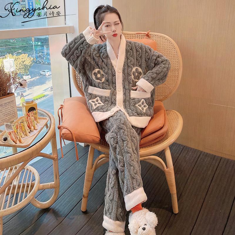 Mùa đông Pyjamas Phụ nữ Coral Velvet 2022 Gừng mới và mùa thu dày và mùa đông Net Red Wind Failan Furnishing