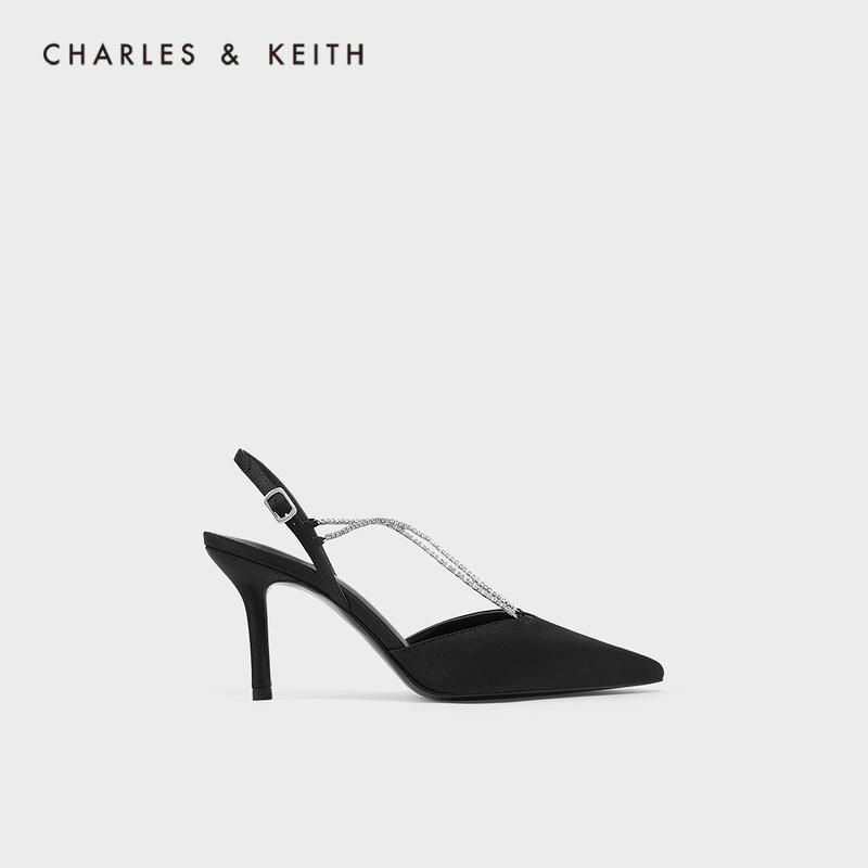 CHARLES&KEITH mới CK1-60280280-B xăng đan cao gót chuỗi đá bán quý dành cho nữ đi làm