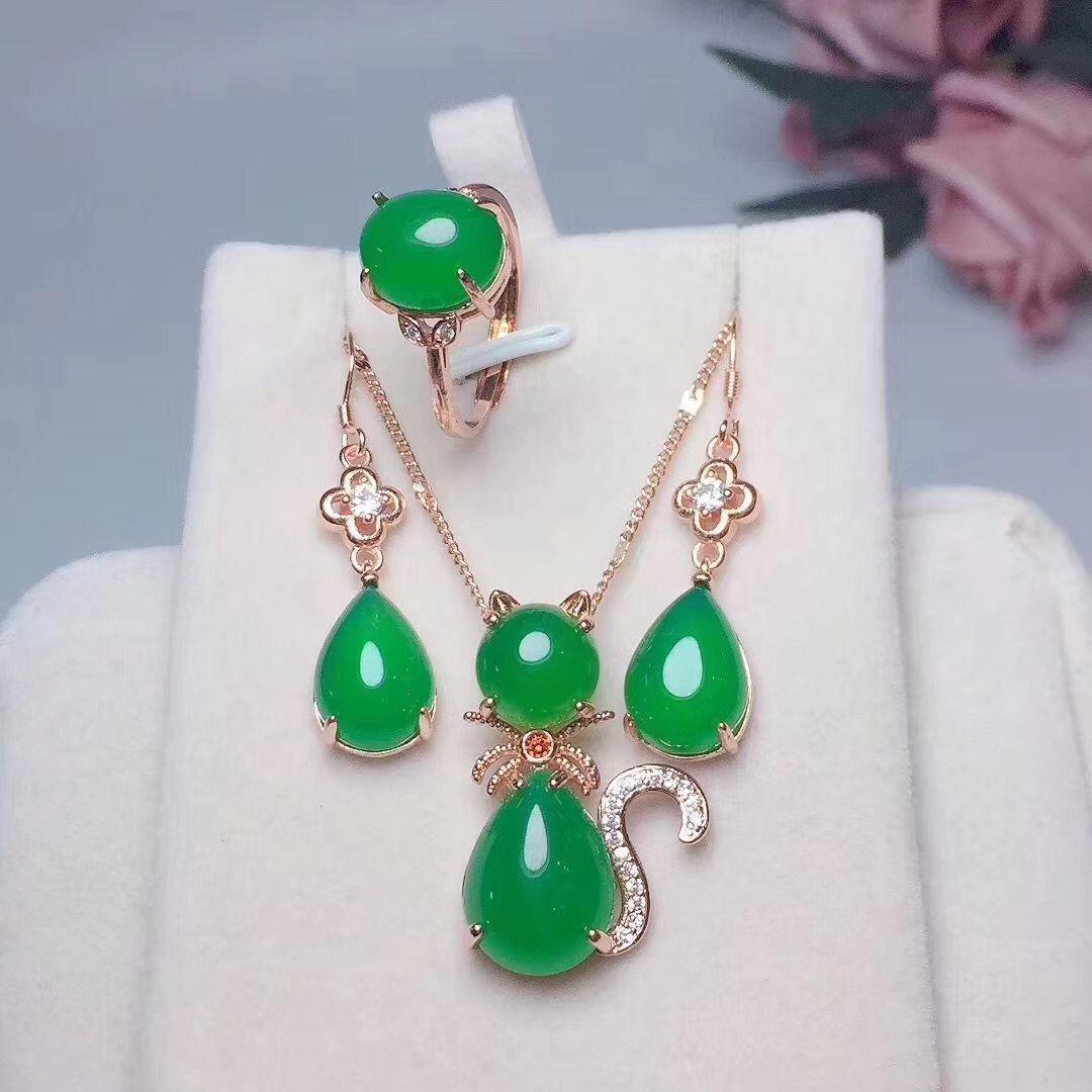 Một Nguyên Đấu Giá Đá Tự Nhiên Chrysoprase Vòng Cổ Mặt Dây Chuyền Bông Tai Nhẫn Bộ 3 Quà Tặng Cho Bạn Gái