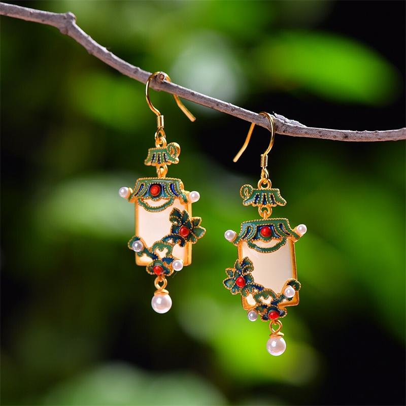 Đấu giá Bạc cổ đại dát tự nhiên Hetian Yu Khánh Jade men màu vuông bằng hoa tai hoa tai bằng hoa tai nhiều hoa tai