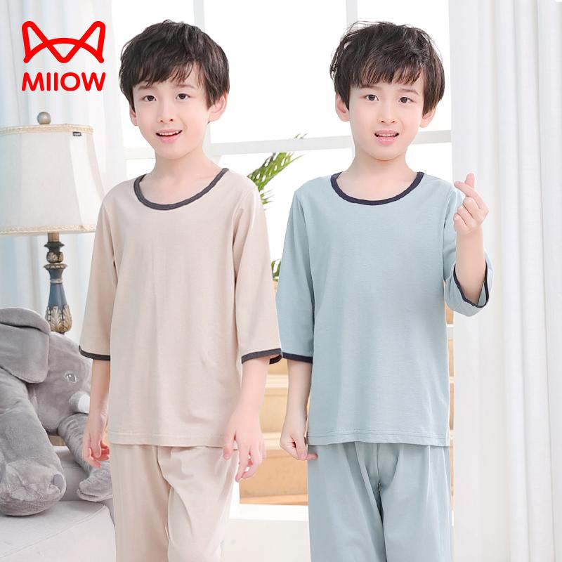 Mèo Người Đồ Ngủ Trẻ Em Bé Trai Mùa Hè Phần Mỏng Ngắn Tay Cotton Nguyên Chất Lớn Điều Hòa Quần Áo Ở Nhà Bộ Quần Áo Cotton