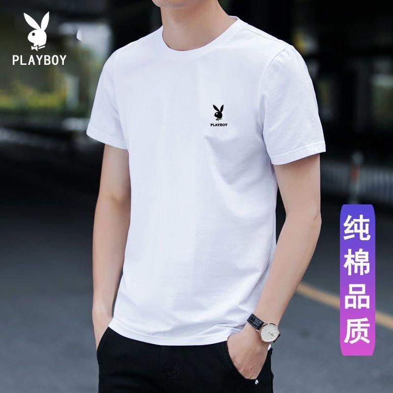 Áo thun ngắn tay Playboy dành cho nam mùa hè 2024 mới nguyên chất cotton trắng Áo thun cổ tròn thông thường phù hợp với mọi lứa tuổi