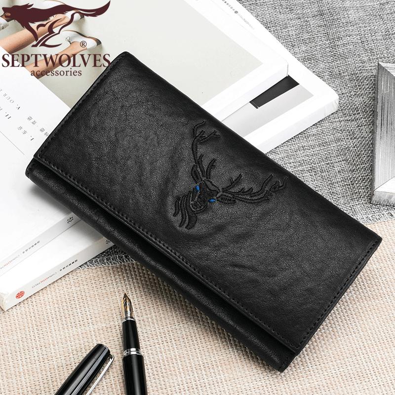 Septwolves Ví Nam Da Thật Túi Clutch Dài Nam Mới Flip Cover Túi Clutch Lớp Trên Túi Điện Thoại Da Bò