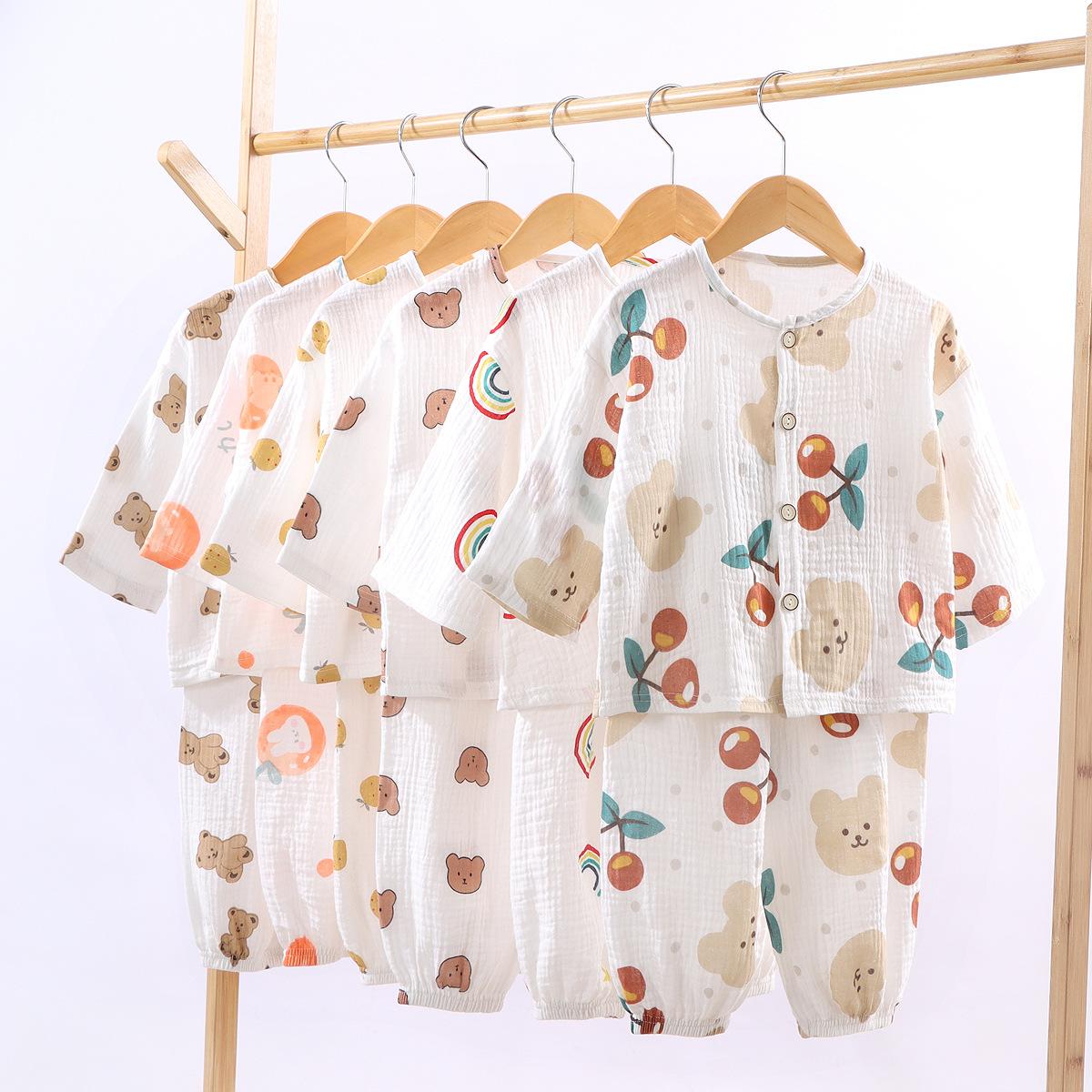 Bộ đồ ngủ bằng gạc cotton mỏng hai lớp dành cho trẻ em Quần áo mặc ở nhà mùa hè dành cho bé gái Bộ quần áo máy lạnh dài tay dành cho bé trai