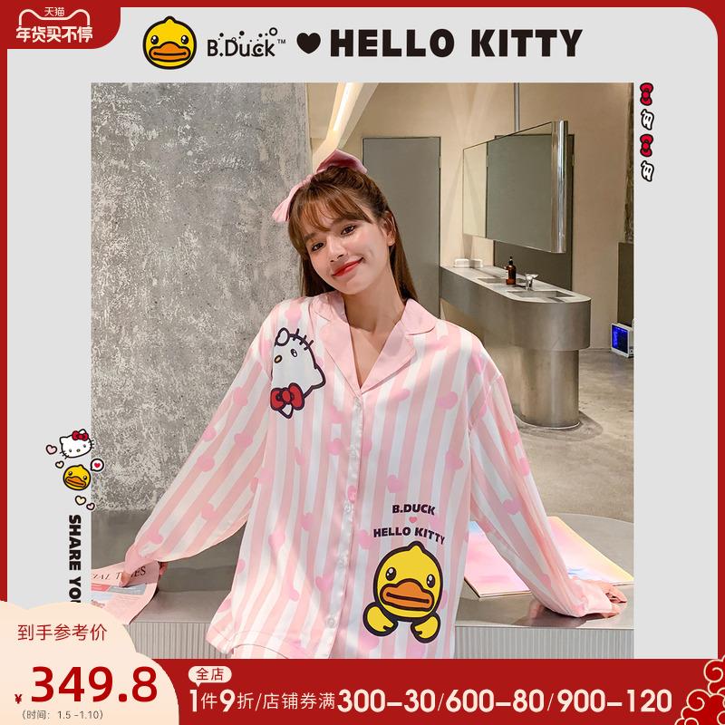 B.Duck Little Yellow Duck x Hello Kitty Bộ đồ chung nhà mùa thu 2021 Bộ đồ ngủ sọc ngọt ngào mới