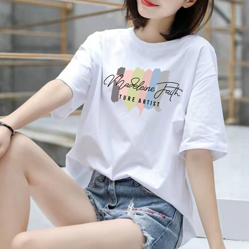 Áo thun cotton nguyên chất cho nữ 2024 mới đa năng áo ngắn tay màu trắng dáng rộng cỡ lớn nửa tay thon cổ tròn cho nữ