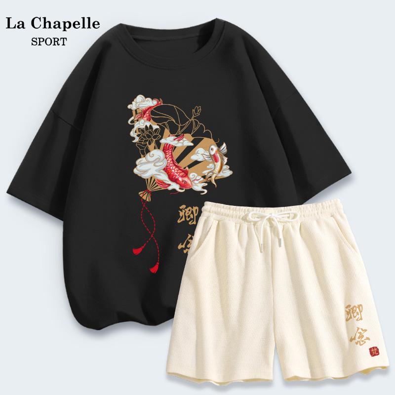 Bộ đồ thể thao La Chapelle nữ mùa hè rộng rãi sinh viên cotton áo thun ngắn tay bánh quế quần đùi hai mảnh mùa hè X