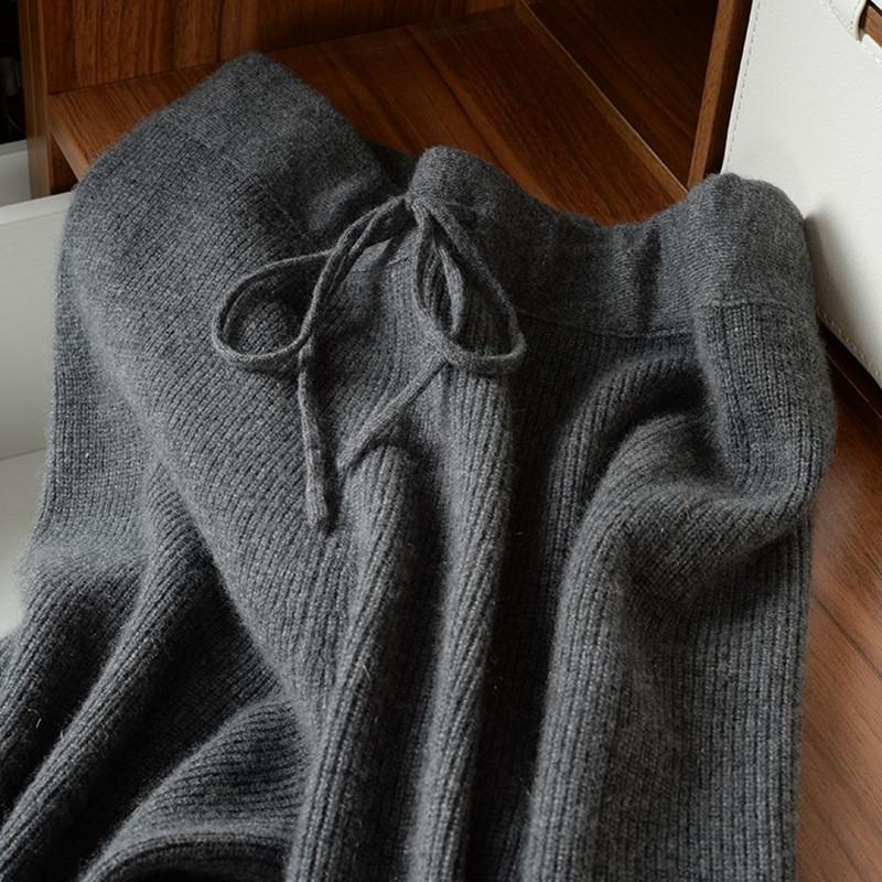 Quần ống rộng dệt kim cashmere cho nữ mùa thu đông co giãn lưng cao xếp nếp quần ống rộng ống rộng len dài lau sàn quần ống đứng