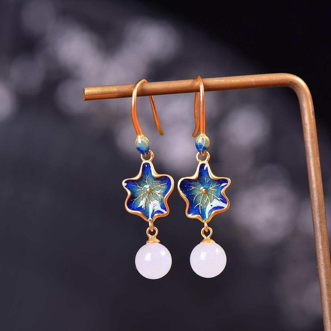 Ali Đấu Giá S925 Bạc Dát Hetian Ngọc Trắng Hạt Cung Điện Retro Hanfu Phụ Kiện Bông Tai Earpin Bông Tai