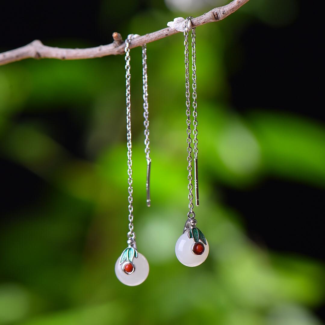 Ali Đấu Giá S925 Bạc Dát Hetian Ngọc Bình An Khóa Cung Điện Retro Hanfu Phụ Kiện Bông Tai Earpin Bông Tai