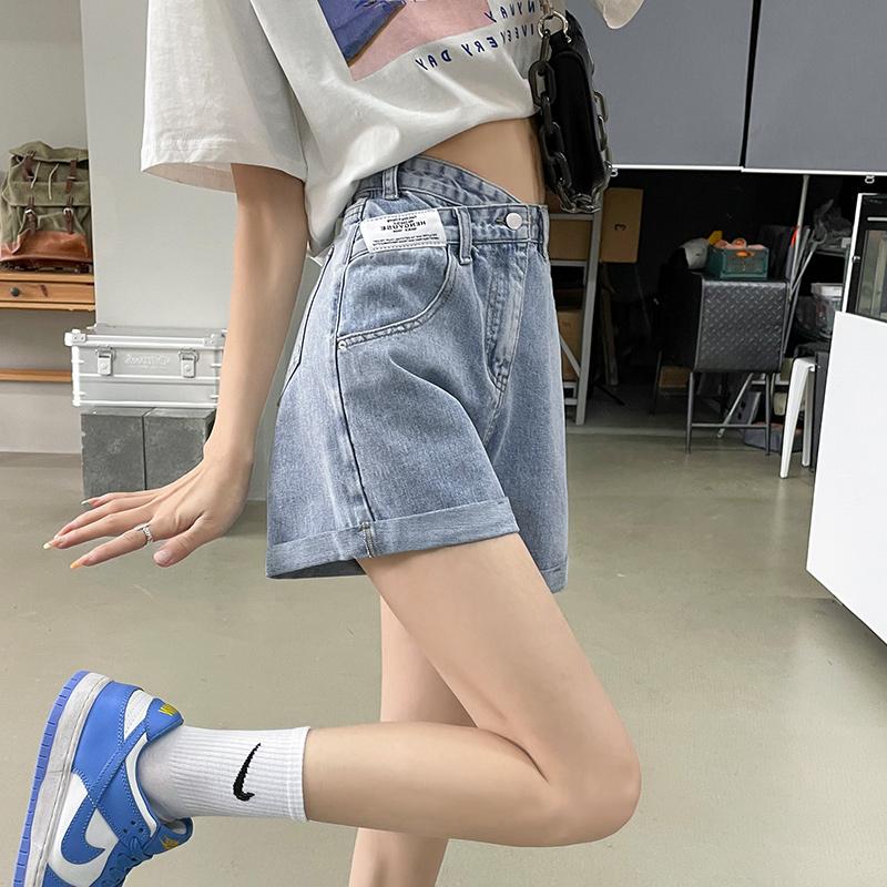 Quần short denim cạp cao siêu mỏng cho nữ mùa hè 2023 quần ống rộng chữ A ống rộng hot girl dáng ôm mới