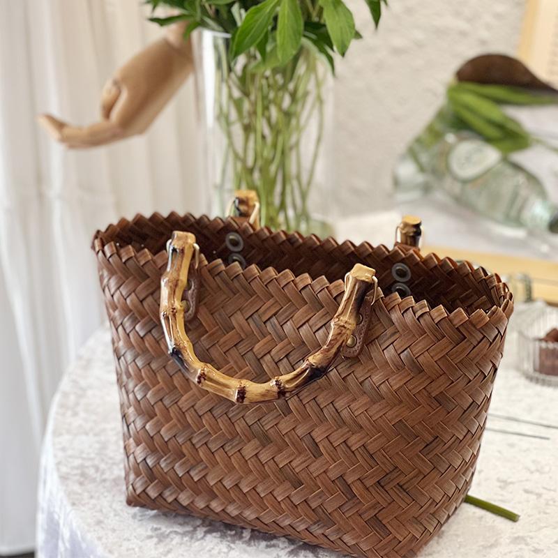 2024 Mới Mây Túi Xách Ống Hút Túi Tre Nữ Mùa Hè Retro Handmade Tre Túi Tote Kỳ Nghỉ