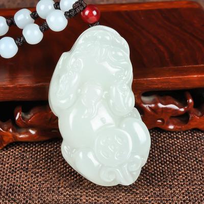 Đấu giá rò rỉ Hetian Jade Ngọc bích trắng Pixiu Mặt dây chuyền Rau bina Xanh Jasper Cặp đôi Phong cách Jade Pixiu Mặt dây chuyền Pixiu