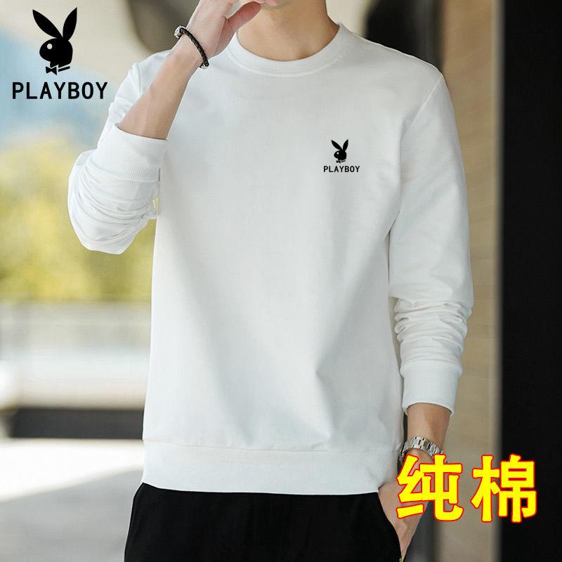 Áo len Playboy nam mùa xuân và mùa thu 2023 cotton mới cộng nhung đáy sơ mi cổ tròn quần áo dài tay áo thun nam