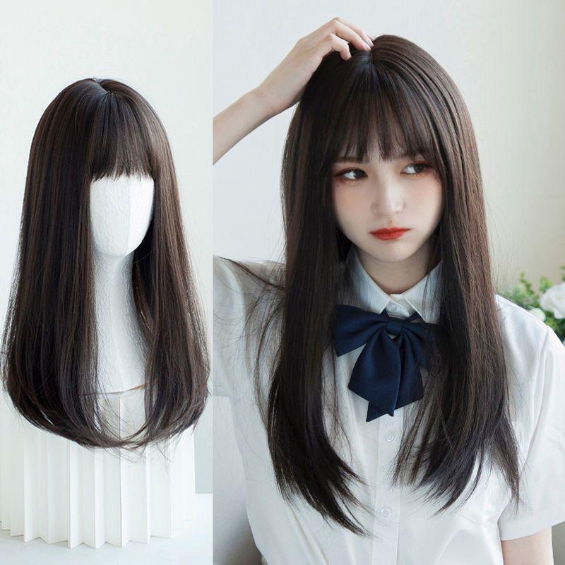 Tóc giả nữ air bangs vừa dài thẳng tóc lolita vừa dài thẳng tóc đầy đủ đầu cos tóc ngắn có thể được buộc cos đầy đủ đầu