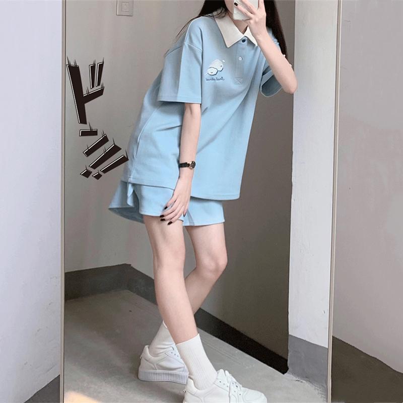 Bộ đồ thể thao Hàn Quốc dành cho nữ mùa hè quần short ngắn tay chạy bộ dáng rộng thời trang phong cách phương Tây thường ngày hai mảnh