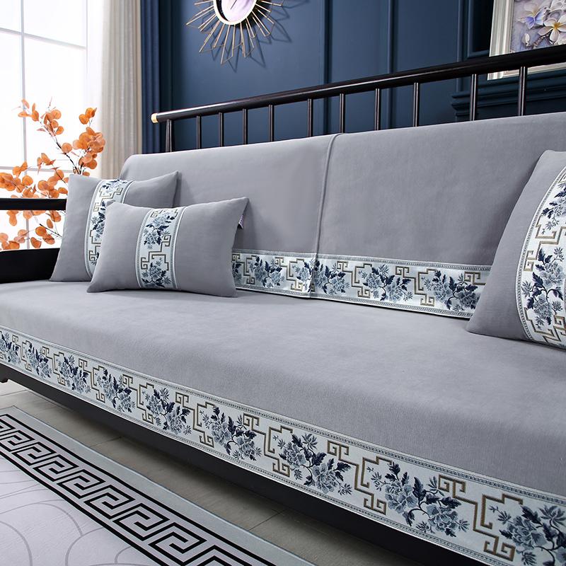 Sofa đệm vải che bụi phong cách Trung Hoa mới ánh sáng sang trọng chống trơn trượt gỗ gụ đệm bốn mùa đa năng tựa lưng khăn