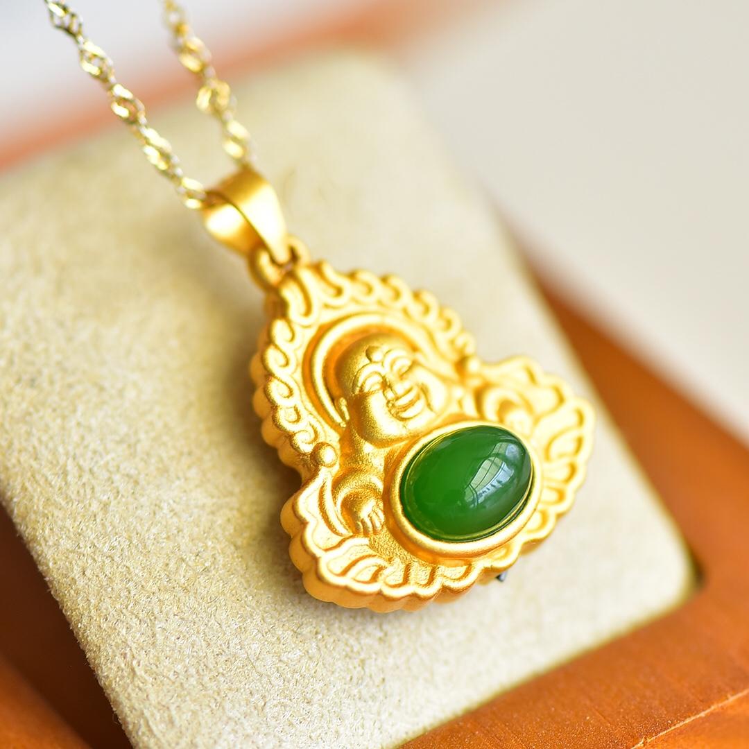 Đấu Giá Ali nhặt S925 dát bạc Tân Cương Hetian jasper Phật Di Lặc mặt dây chuyền mặt dây chuyền ngọc bích thời trang nữ vòng cổ xương đòn