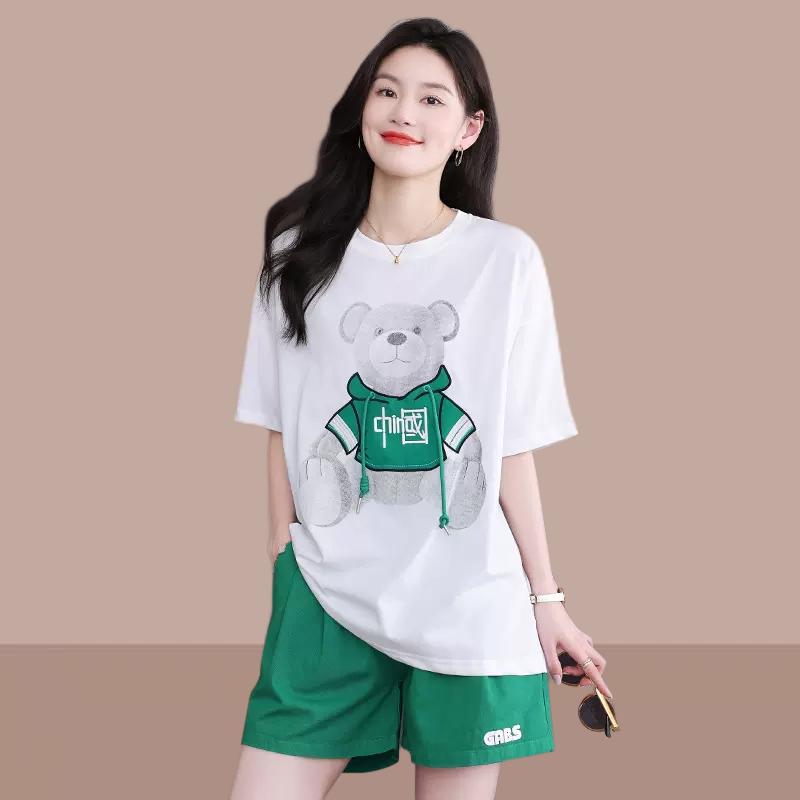 Bộ đồ ngắn tay bằng cotton mùa hè 2023 kiểu dáng rộng mới của Hàn Quốc áo thun phù hợp với tất cả các trận đấu quần short bộ hai món đồ thể thao