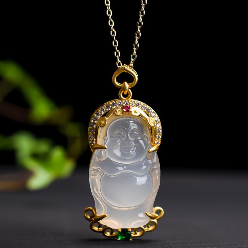 Một nhân dân tệ đấu giá chọn mặt dây chuyền đá chalcedony trắng tự nhiên cao Phật đứng sang trọng khảm ngọc bích Phật nữ mặt dây chuyền ngọc bích