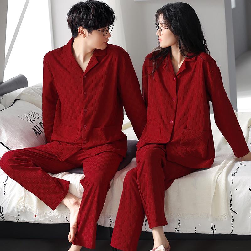 Cặp đôi đồ ngủ mùa xuân và mùa thu của phụ nữ cotton nguyên chất dài tay phù hợp với đám cưới mới cưới màu đỏ mùa thu và mùa đông cotton nam dịch vụ tại nhà