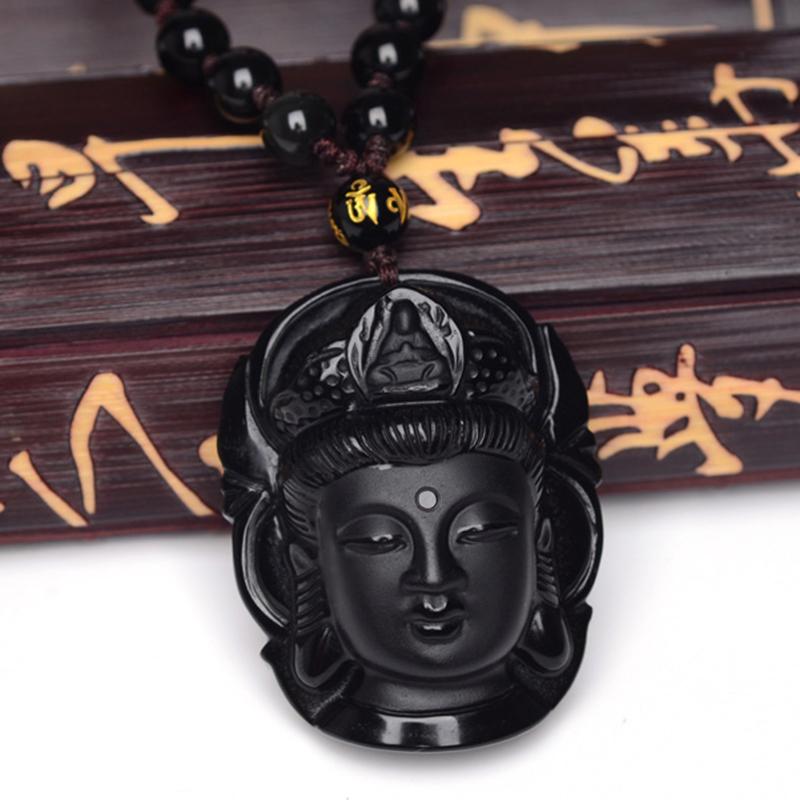 Frosted Obsidian Guanyin Mặt Dây Chuyền Obsidian Đầu Phật Mặt Dây Chuyền Vòng Cổ Nam Lớn Mẫu Nam Nữ